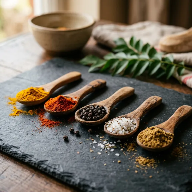 Spezie su cucchiai di legno