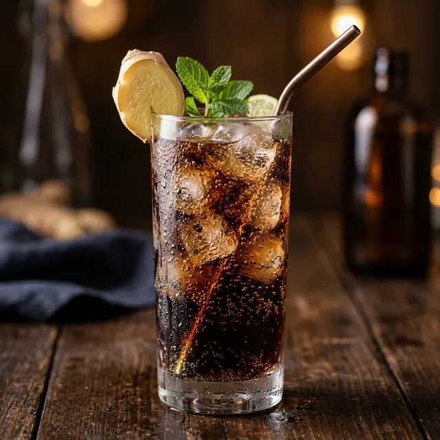Bicchiere ghiacciato di Cola Zero con fetta di zenzero